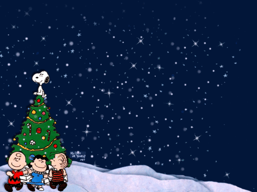 Snoopy y sus amigos en una tarjeta de felicitación de navidad animada.